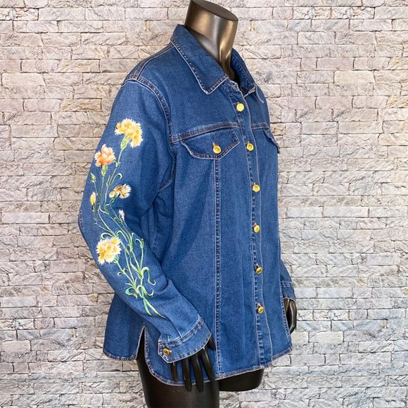 Bob Mackie Blue Denim Button Down Shirt with Floral Embroidery - Picture 4 of 8